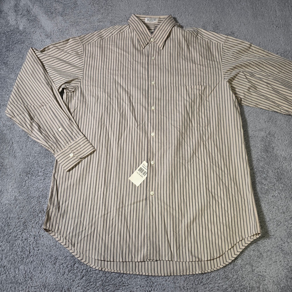 Claiborne Mens 16 34/35 Button Down Shirt Beige Grey Striped Long Sleeve Cotton